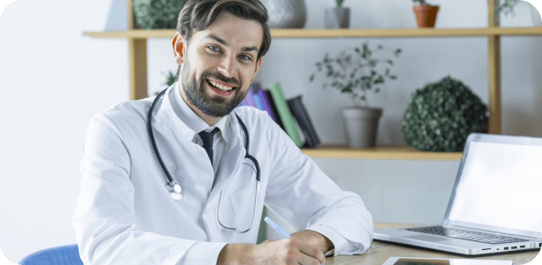 Doctor smiling with video play overlay